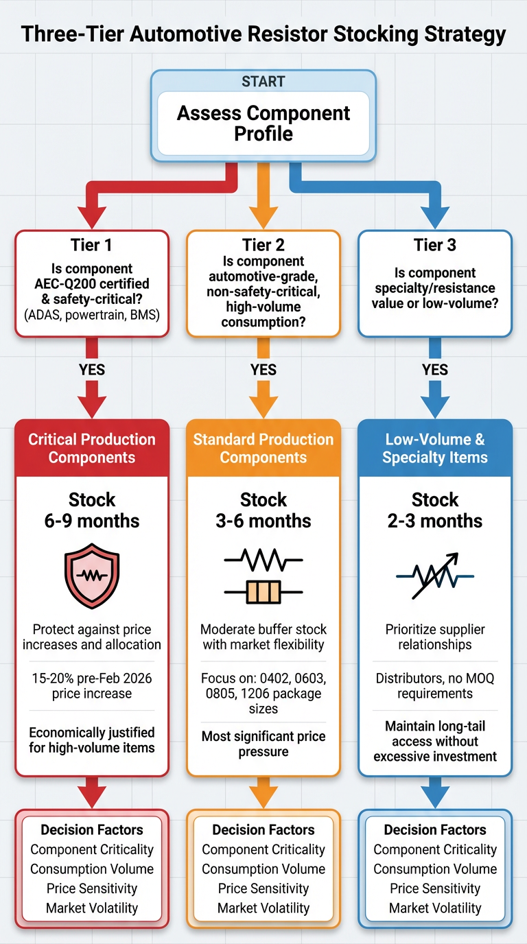 Flowchart illustrating the three-tier automotive resistor stocking strategy decision tree, showing how component criticality, consumption volume, and price sensitivity factors determine optimal inventory coverage levels from 2 months to 9 months